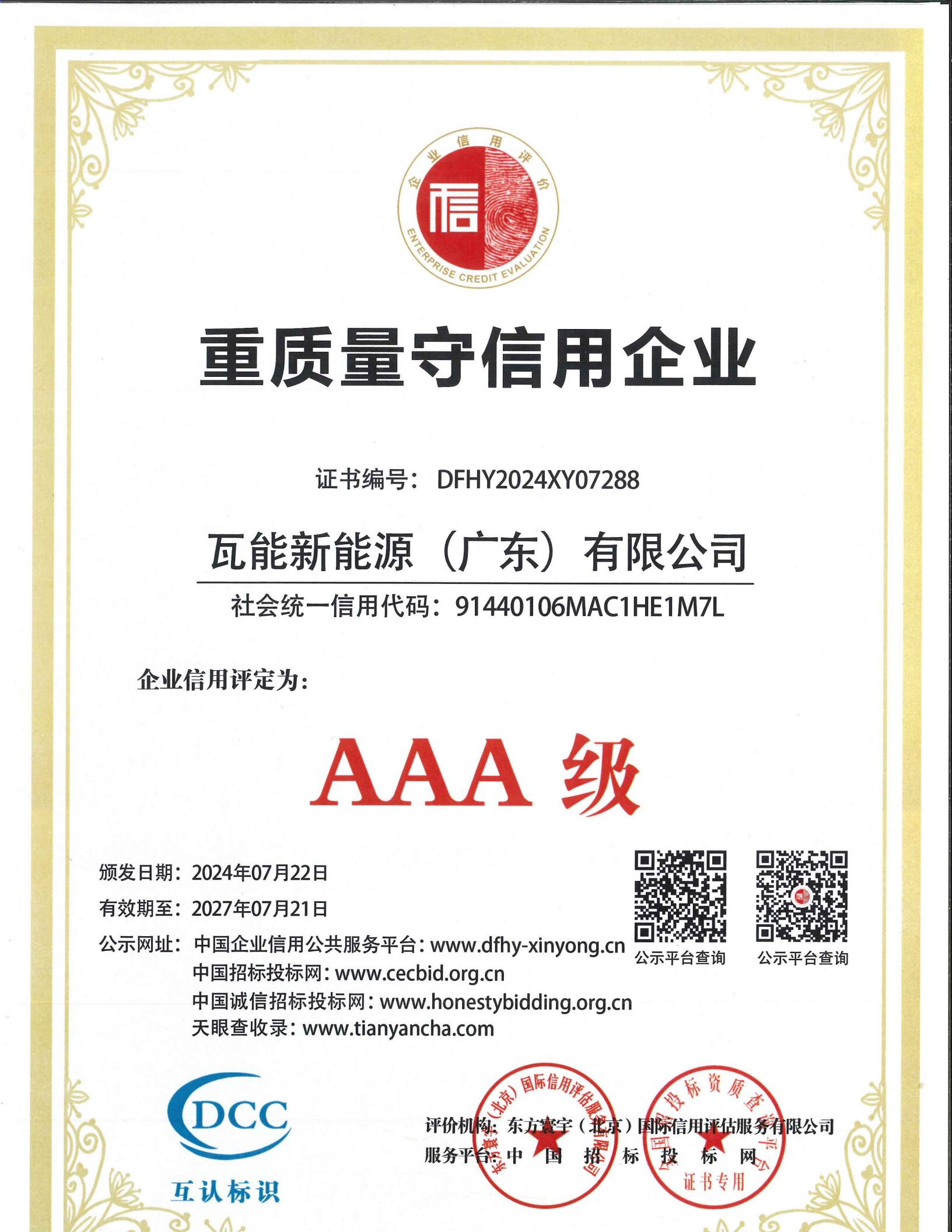 企业信用证书