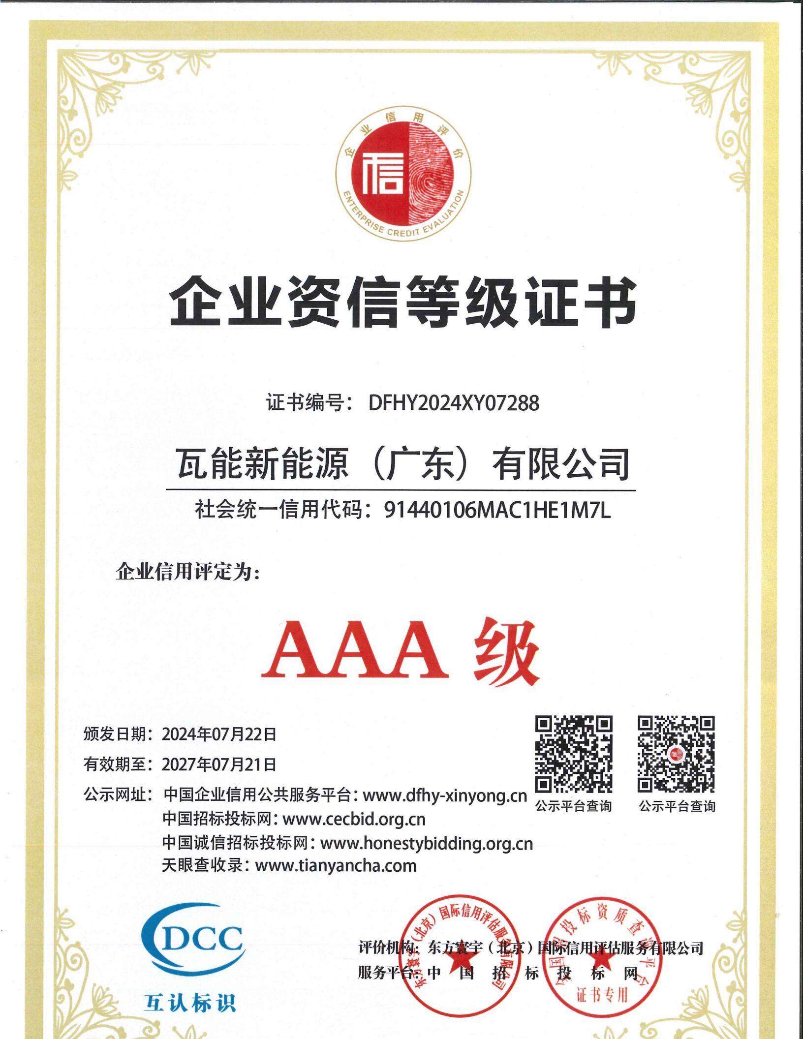 企业信用证书