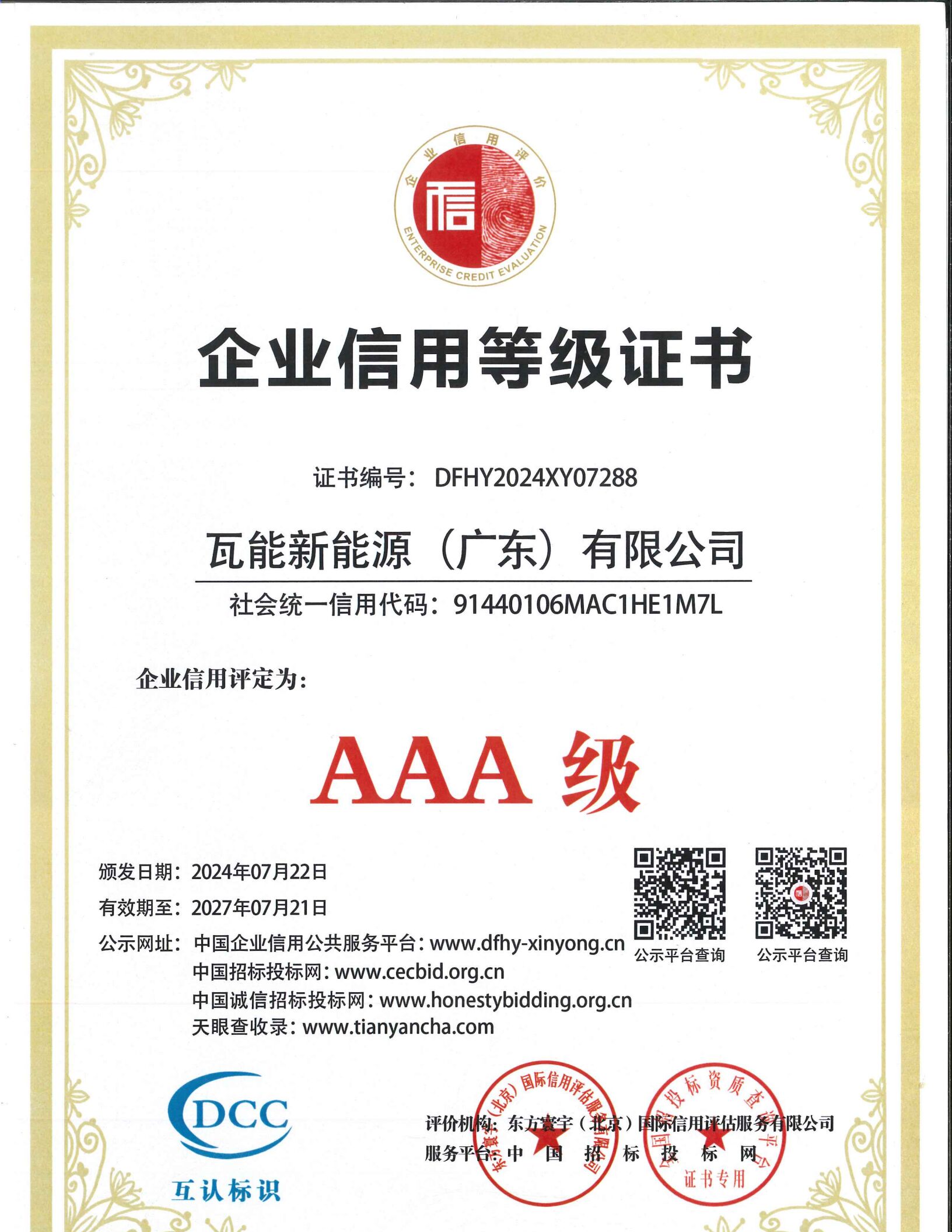 企业信用证书
